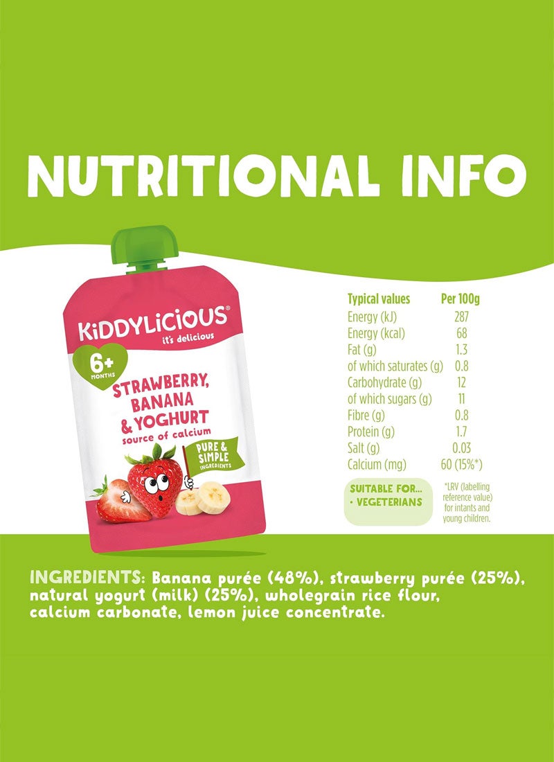 Kiddylicious Strawberry, Banana & Yoghurt Pouch 400g (4x100g) | Baby Food Puree for 6+ Months | Smooth Fruit & Yoghurt Blend | Source of Calcium, No Added Flavours, Colours or Preservatives, Vegetarian - Image 4
