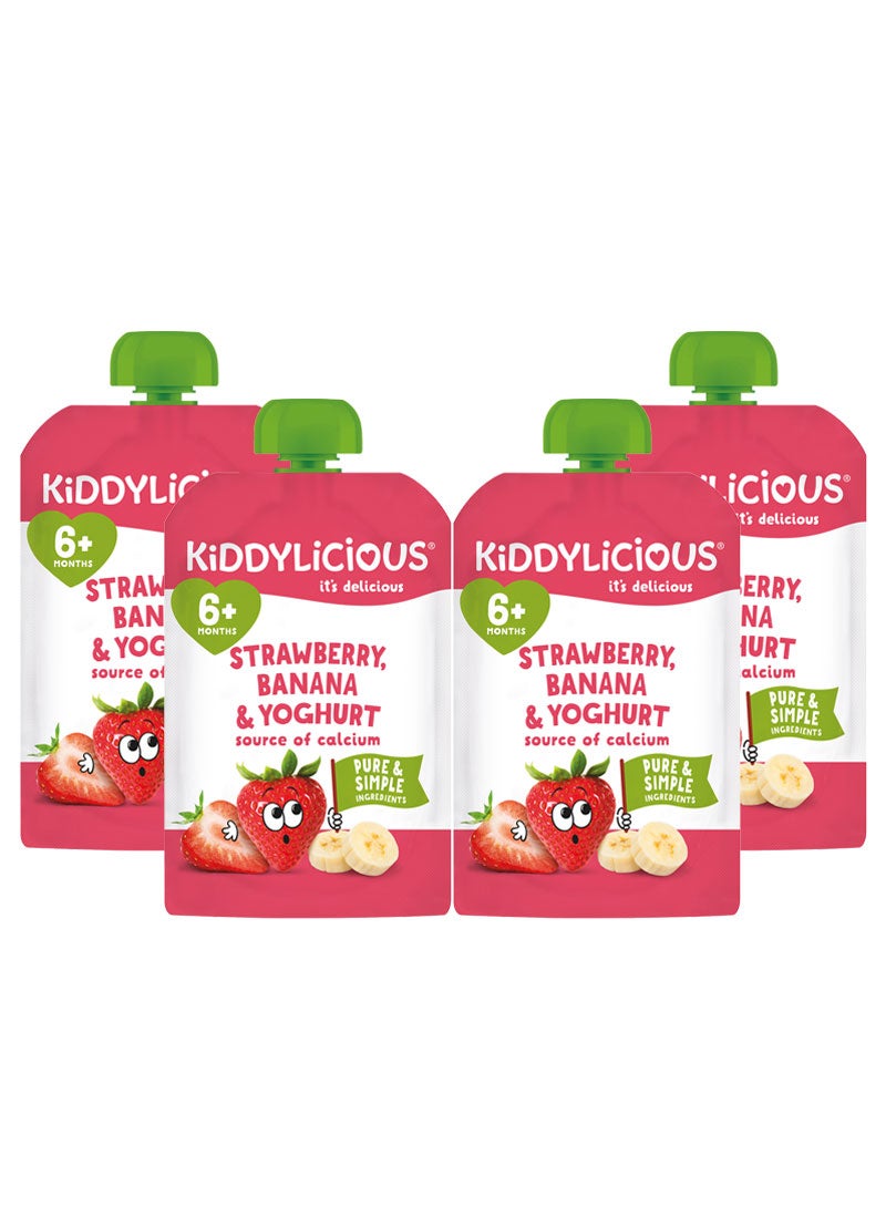 Kiddylicious Strawberry, Banana & Yoghurt Pouch 400g (4x100g) | Baby Food Puree for 6+ Months | Smooth Fruit & Yoghurt Blend | Source of Calcium, No Added Flavours, Colours or Preservatives, Vegetarian - Image 1