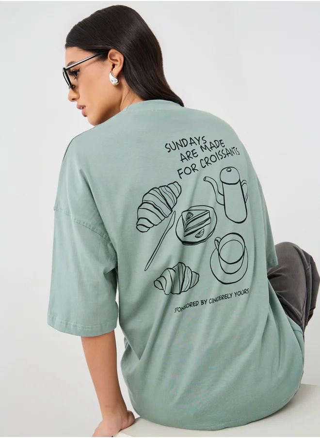 Styli Croissants Graphic Print Dropped Shoulder Oversized T-Shirt