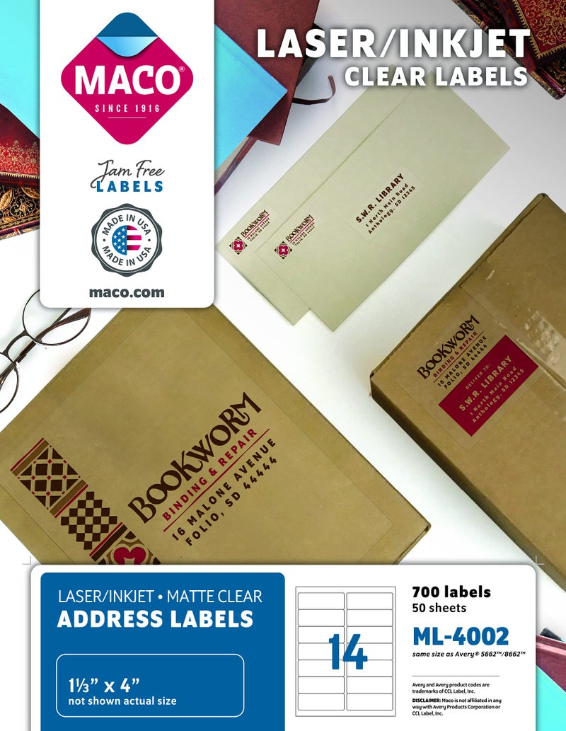 MACO LaserInk Jet Matte Clear Address Labels 113 x 414 Inches 14 Per Sheet 700 Per Box ML4002