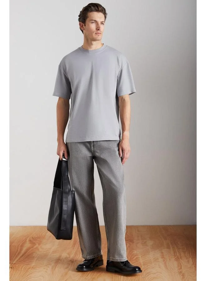 GRIMELANGE Jett Men's Oversize Fit 100% Organic Cotton Thick-Texture Crew Neck Grey T-shirt.