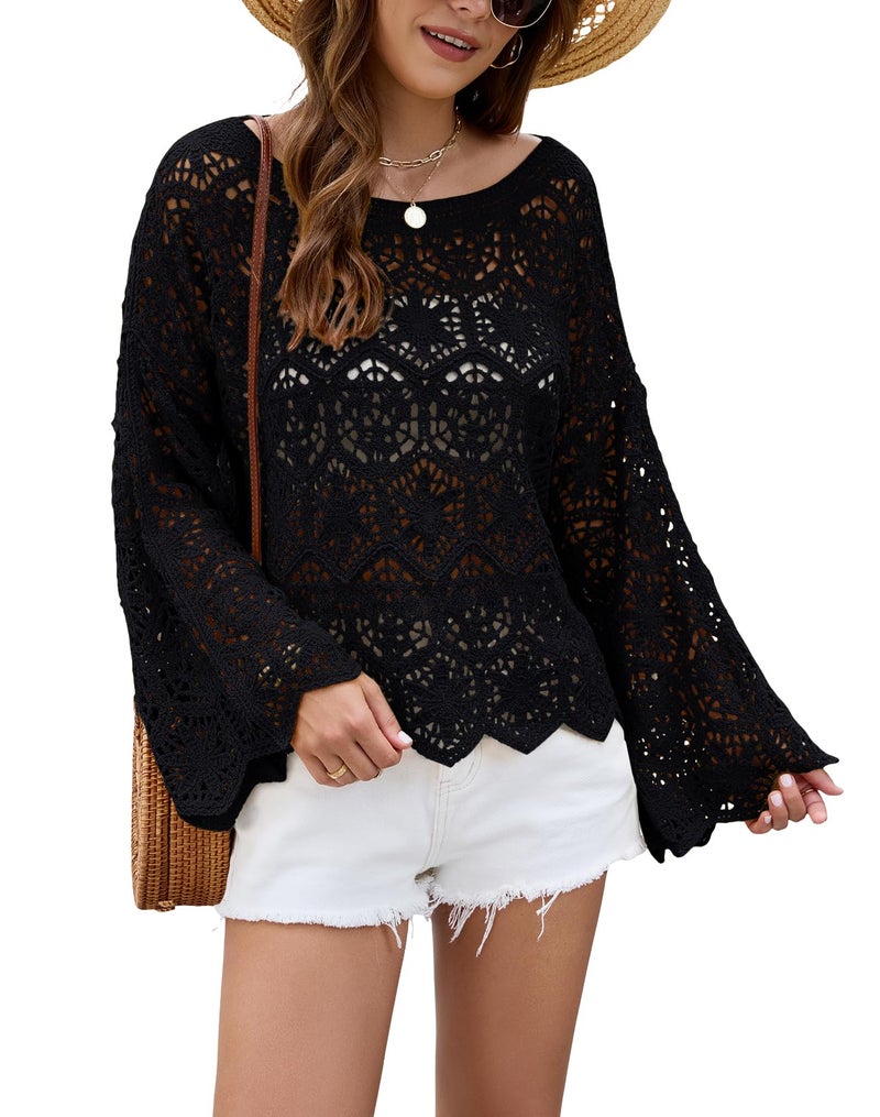 Allimy Womens Loose Spring 2026 Long Sleeve Crewneck Casual Crochet Tops Hollow Out Knit Sweater Pullovers Tops Cover Up Summer Swimwear Blouse Black S - Image 1