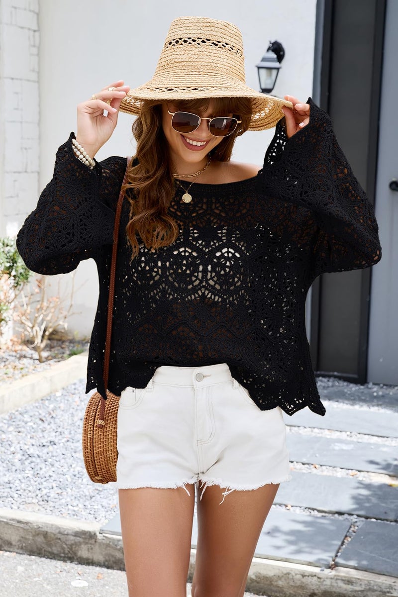 Allimy Womens Loose Spring 2026 Long Sleeve Crewneck Casual Crochet Tops Hollow Out Knit Sweater Pullovers Tops Cover Up Summer Swimwear Blouse Black S - Image 3