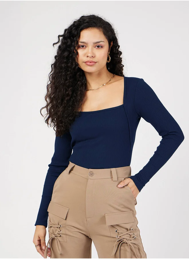 ساسافراس Ribbed Square Neck Long Sleeve Top