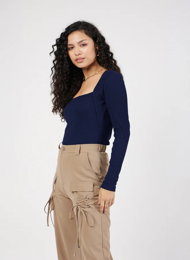 SASSAFRAS Ribbed Square Neck Long Sleeve Top