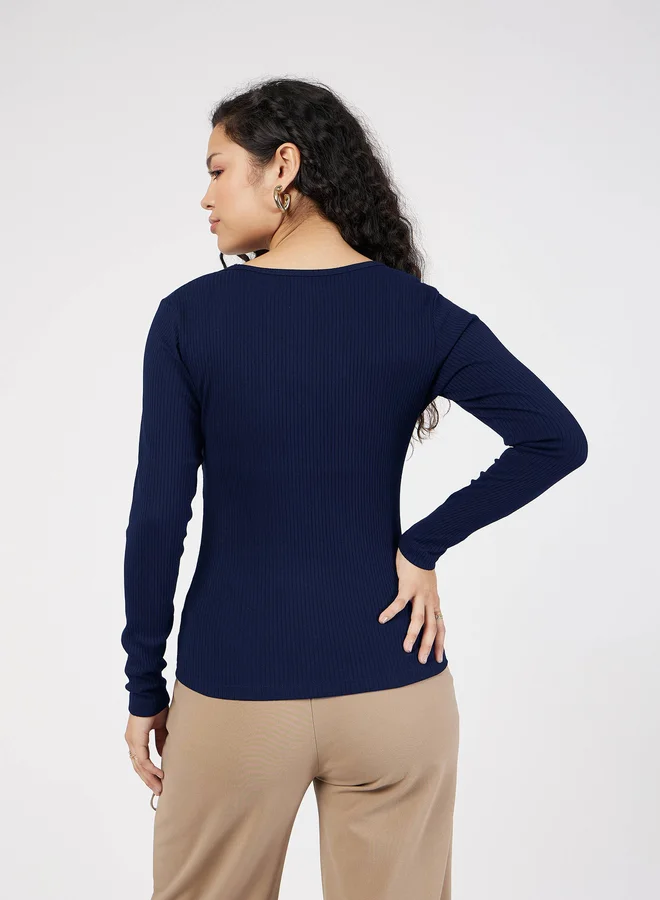 SASSAFRAS Ribbed Square Neck Long Sleeve Top