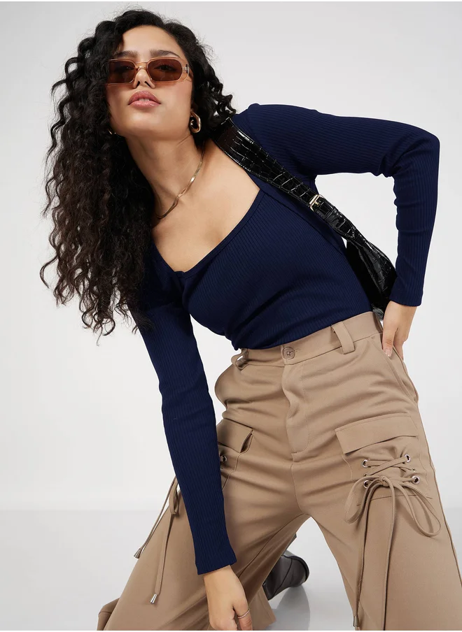 ساسافراس Ribbed Square Neck Long Sleeve Top