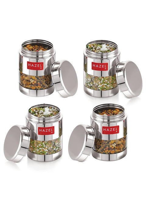 HAZEL Stainless Steel Mukhwas Container | 300 ml See Through Small Containers for Kitchen Storage Set | Transparent Airtight Jars, Set of 4