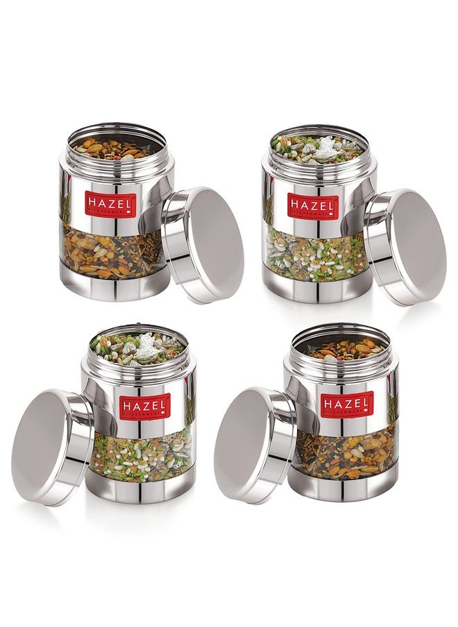 HAZEL Stainless Steel Mukhwas Container | 300 ml See Through Small Containers for Kitchen Storage Set | Transparent Airtight Jars, Set of 4