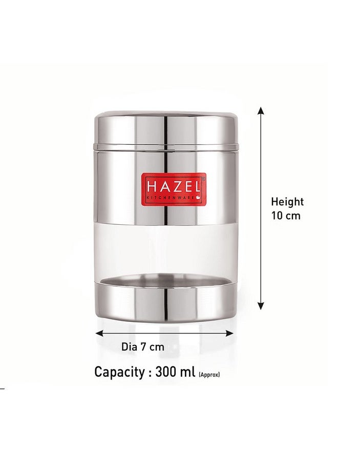 HAZEL Stainless Steel Mukhwas Container | 300 ml See Through Small Containers for Kitchen Storage Set | Transparent Airtight Jars, Set of 4