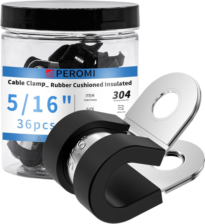 PEROMI 36PCS 5/16" Double Cable Clamps with updated Riveted Reinforce, 304 Stainless Steel Rubber Cushioned Insulated Loop Pipe Wire Clamps - Image 1