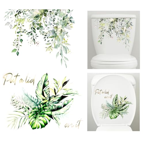 Fumwase 2pcs Toilet Tank and Seat Stickers Set with Different Patterns Self-Adhesive Green Leaf Removable Toilet Stickers Decals Waterproof Toilet Lid Decals for Bathroom Wall Decor - Image 1