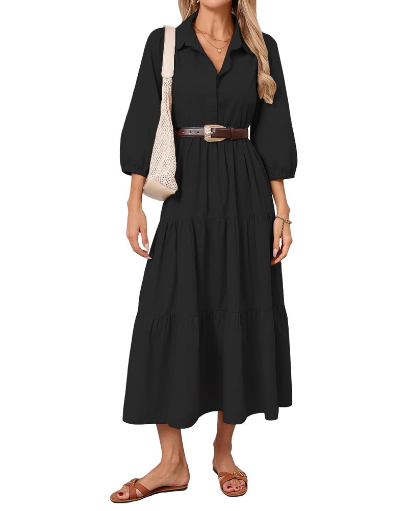 YEXPINE Women Summer Beach Dress 3/4 Sleeve Button Up Casual Shirt Dress Loose Long Blouse Maxi Dresses Black - Image 1