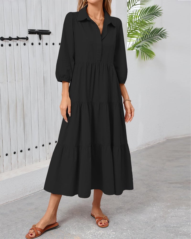 YEXPINE Women Summer Beach Dress 3/4 Sleeve Button Up Casual Shirt Dress Loose Long Blouse Maxi Dresses Black - Image 5