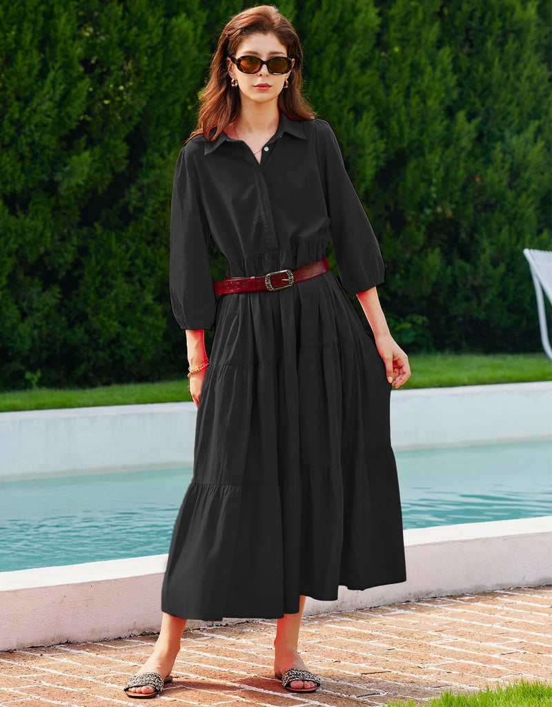 YEXPINE Women Summer Beach Dress 3/4 Sleeve Button Up Casual Shirt Dress Loose Long Blouse Maxi Dresses Black - Image 3