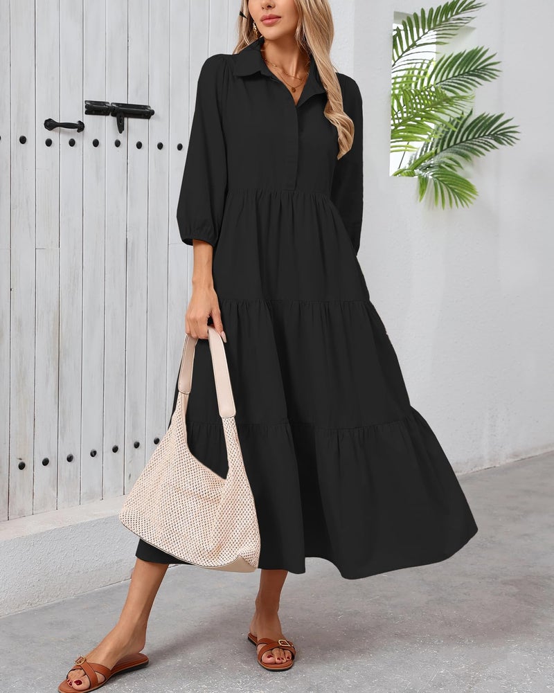 YEXPINE Women Summer Beach Dress 3/4 Sleeve Button Up Casual Shirt Dress Loose Long Blouse Maxi Dresses Black - Image 4