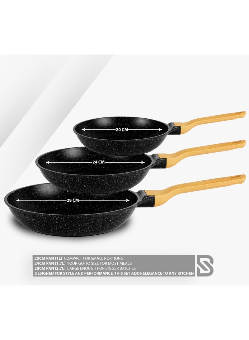 Bidstone 3-Pieces Fry Pan Set, Multi Layers, Granite Coating, Non-Stick, With Aluminium Body, Healthy Granite Stone, Heat-Resistant Handle Hanging Loop, Fry Pan, Omelette Pan, Egg Pan, Multiple Cook Top Compatible Cook wares, Compatible with All Stove, PFOA FREE,20 CM,24 CM,28 CM - Image 1