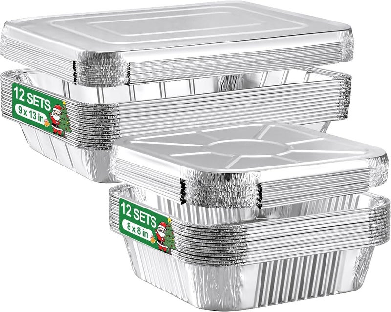 NEEBAKE 24 Pack Disposable Aluminum Pans with Lids Combo Set- 12 Large 9x13 Foil Pans Half Size & 12 Small 8x8 Tin Foil Baking Pans, Tin Trays Containers for Meal Prep, Food Cooking, Roasting, Heating - Image 1