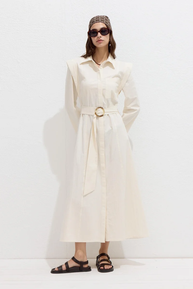 Manuka Belt Detailed Long Sleeve Dress Natural