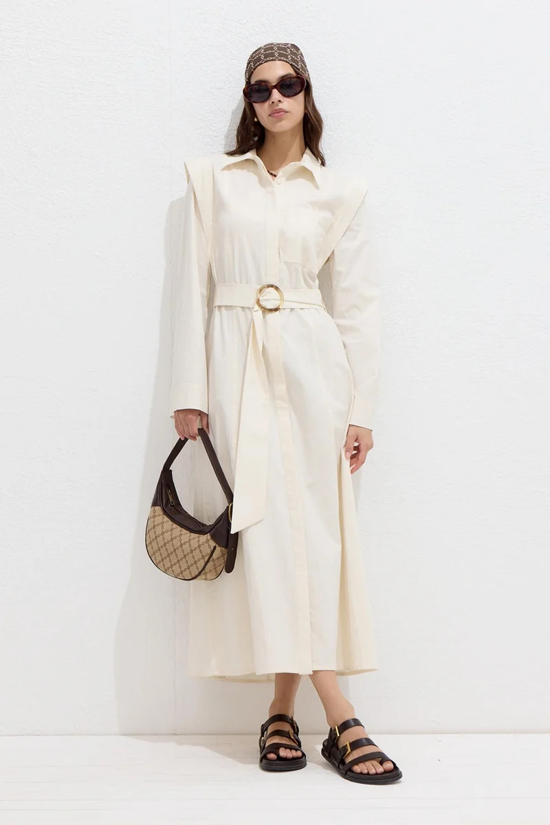 Manuka Belt Detailed Long Sleeve Dress Natural