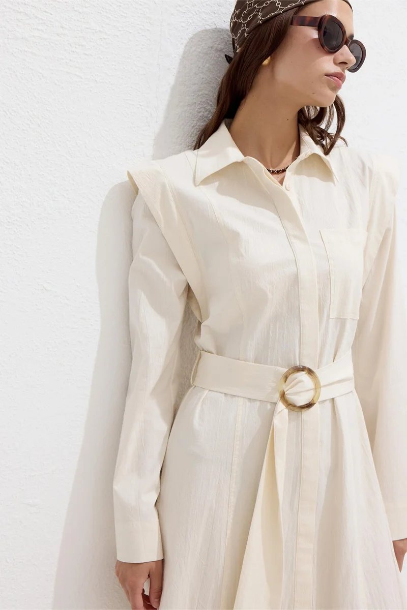 Manuka Belt Detailed Long Sleeve Dress Natural