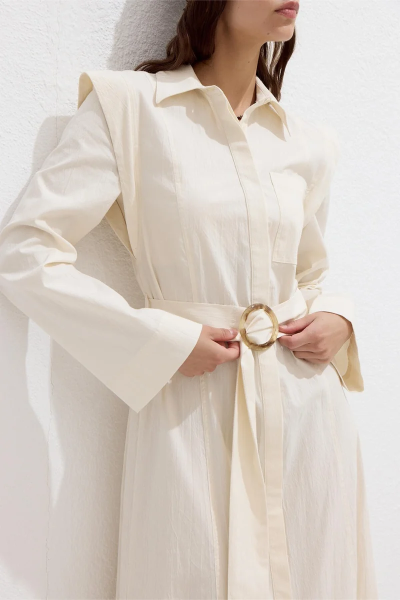 Manuka Belt Detailed Long Sleeve Dress Natural