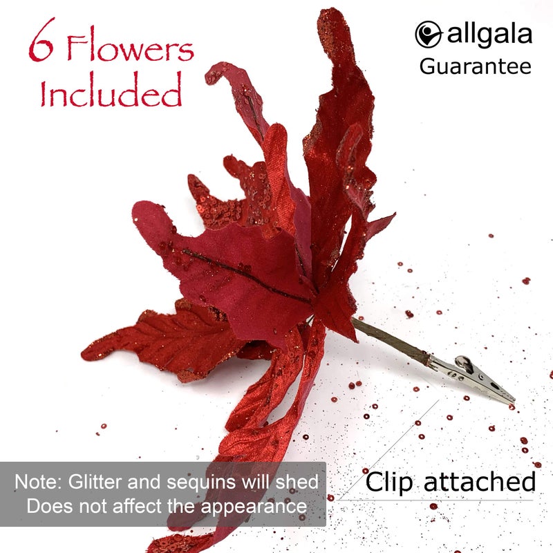 allgala Allgala 6-PK Glitter and Sequin Decorated Fabric Poinsettia Artificial Christmas Flower with Clips-Red-XF93303  - Image 2