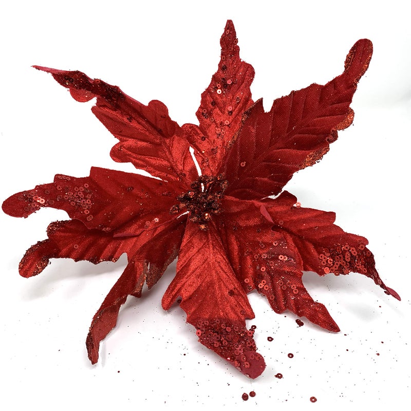 allgala Allgala 6-PK Glitter and Sequin Decorated Fabric Poinsettia Artificial Christmas Flower with Clips-Red-XF93303  - Image 1
