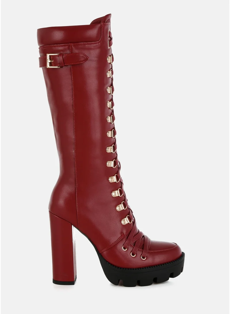 Burgundy Cushion Collared Lace Up Boots