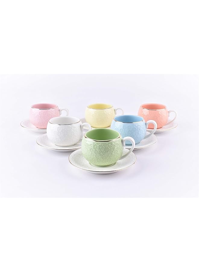 هوم كونسيبت طقم فناجين شاي وصحون سيراميك متعدد الألوان مكون من 12 قطعة مع حامل - Image 1