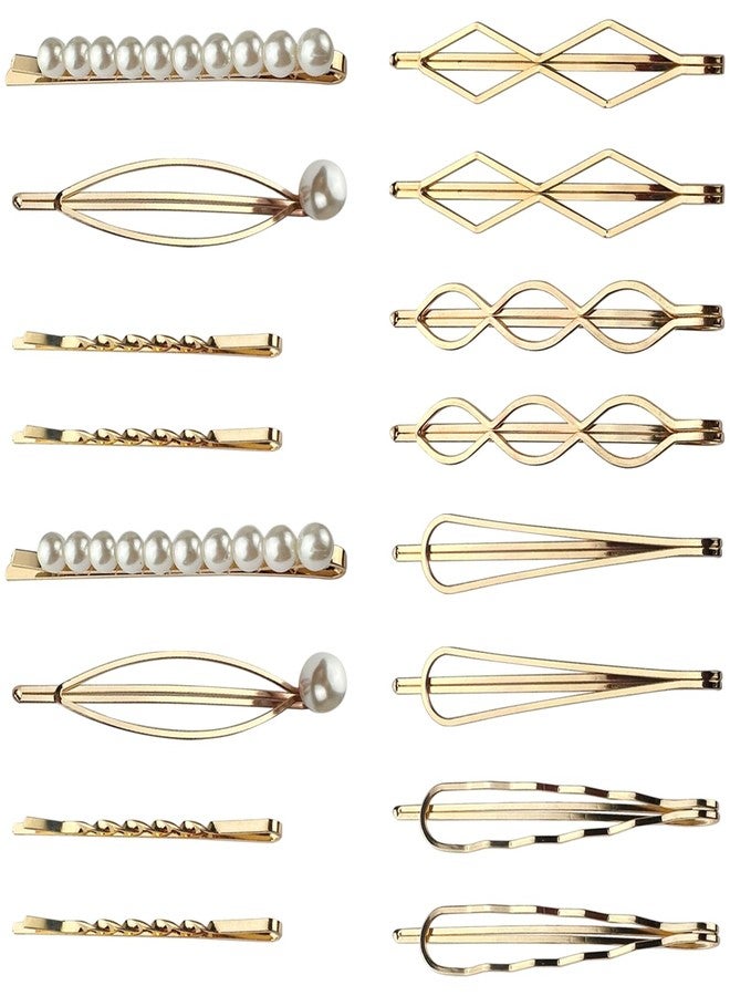 Ceemiaa 16-Piece Gold Metal Hair Clip Set – Geometric Pearl Barrettes & Bobby Pins for Women and Girls | Elegant Bridal Accessories - Image 1