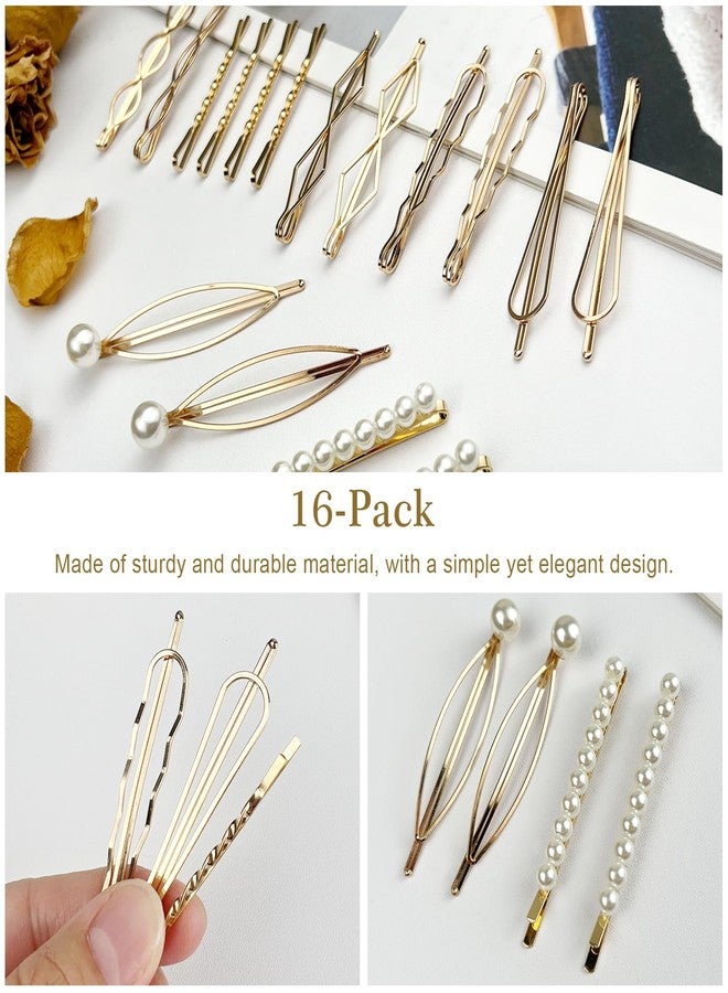Ceemiaa 16-Piece Gold Metal Hair Clip Set – Geometric Pearl Barrettes & Bobby Pins for Women and Girls | Elegant Bridal Accessories - Image 4