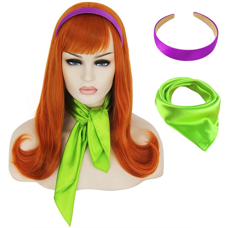 FOVER FOVER Daphne Wig for Women Orange Copper Daphne Costume Wigs for Girls with Scarft Headband for Halloween Party FE001OR