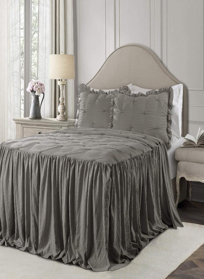 Lush Decor Lush Decor Ravello Pintuck Ruffle Skirt Bedspread Vintage Chic Farmhouse Style Lightweight 3 Piece Set, King, Dark Gray 