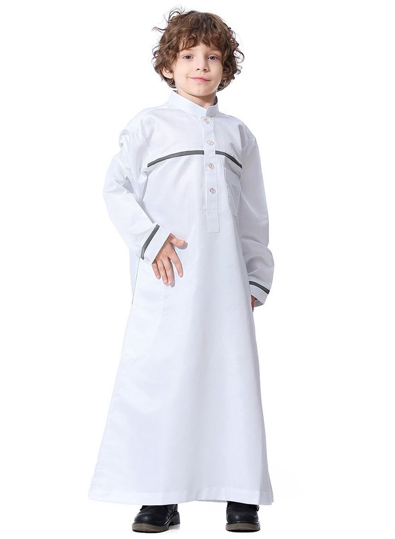 إسكدنيا Boys Concise Style Stand Collar Long Sleeve Abaya Robe Islamic Arabic Casual Kaftan White  - Image 1