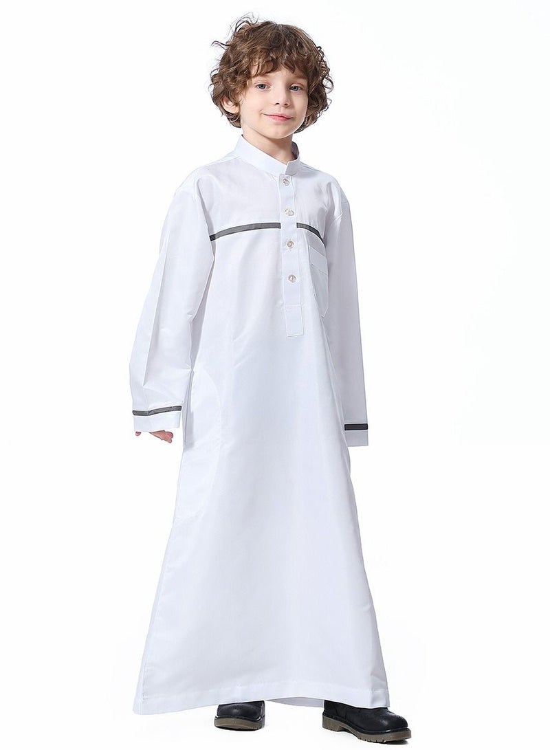إسكدنيا Boys Concise Style Stand Collar Long Sleeve Abaya Robe Islamic Arabic Casual Kaftan White  - Image 2