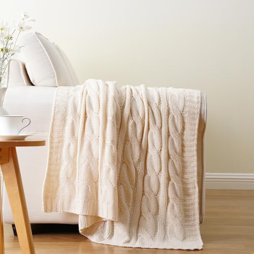 Battilo Cream Ivory Cable Knit Throw Blankets for Couch, Super Soft Warm Cozy Decorative Knitted Throw Blanket for Bed, Sofa, Chair 50"x60" - Image 2