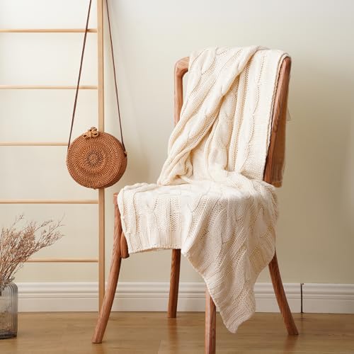 Battilo Cream Ivory Cable Knit Throw Blankets for Couch, Super Soft Warm Cozy Decorative Knitted Throw Blanket for Bed, Sofa, Chair 50"x60" - Image 3