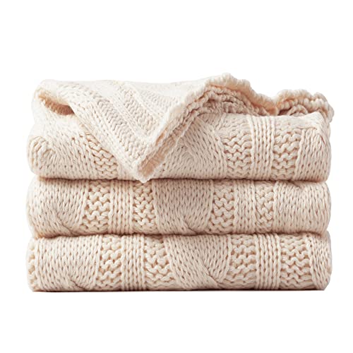 Battilo Cream Ivory Cable Knit Throw Blankets for Couch, Super Soft Warm Cozy Decorative Knitted Throw Blanket for Bed, Sofa, Chair 50"x60" - Image 1