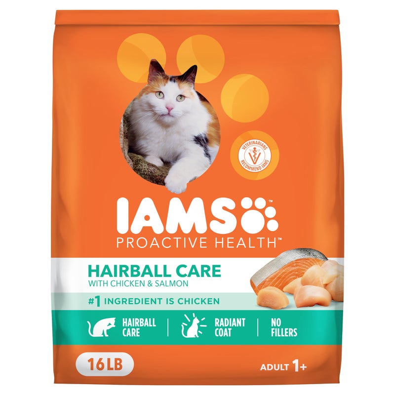 IAMS Proactive Health Dry Cat Food Hairball Care, Adult Cat Food, with Real Chicken and Salmon, 16 lb. Bag - Image 1