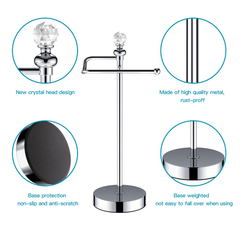 ROLABAM ROLABAM Heavy Weighted Hand Towel Holder (with Crystal Ball) Standing Hand Towel Holder Total Height 15.7'' for Kitchen, Bathroom, Vanity, Classic Decorative Metal Hand Towel Stand, Polished Chrome  - Image 3