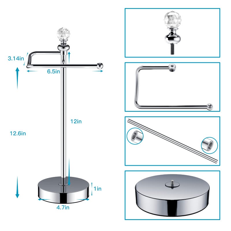 ROLABAM ROLABAM Heavy Weighted Hand Towel Holder (with Crystal Ball) Standing Hand Towel Holder Total Height 15.7'' for Kitchen, Bathroom, Vanity, Classic Decorative Metal Hand Towel Stand, Polished Chrome  - Image 2