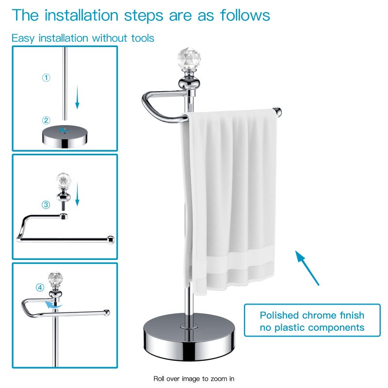 ROLABAM ROLABAM Heavy Weighted Hand Towel Holder (with Crystal Ball) Standing Hand Towel Holder Total Height 15.7'' for Kitchen, Bathroom, Vanity, Classic Decorative Metal Hand Towel Stand, Polished Chrome  - Image 4