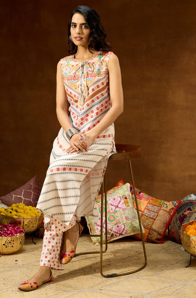 Janasya Women's Cream Cotton Blend Floral Printed Straight Co-ord Set(JAC25CD03428-XL) - Image 2