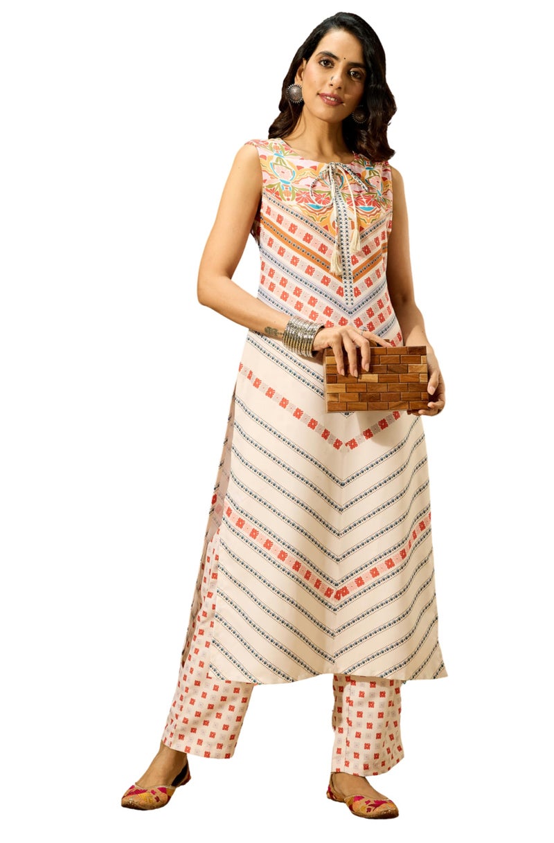 Janasya Women's Cream Cotton Blend Floral Printed Straight Co-ord Set(JAC25CD03428-XL) - Image 1