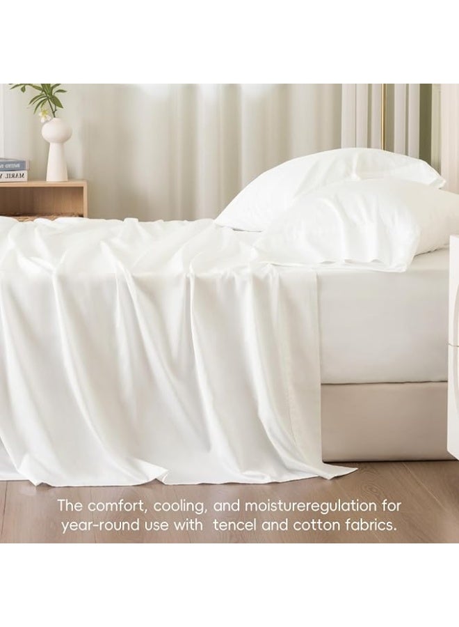 PHF طقم ملاءات كينغ من 4 قطع من تينسل الناعم للنائمين في الحرارة، يتضمن 1 × 260 سم × 275 سم ملاءة مسطحة + 1 × 199 سم × 200 سم × 40 سم ملاءة مشدودة + 2 × 50 سم × 100 سم أغطية وسائد، طقم سرير فاخر لجميع الفصول، أبيض - Image 4