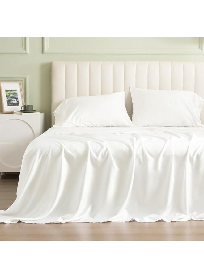 PHF طقم ملاءات كينغ من 4 قطع من تينسل الناعم للنائمين في الحرارة، يتضمن 1 × 260 سم × 275 سم ملاءة مسطحة + 1 × 199 سم × 200 سم × 40 سم ملاءة مشدودة + 2 × 50 سم × 100 سم أغطية وسائد، طقم سرير فاخر لجميع الفصول، أبيض - Image 1