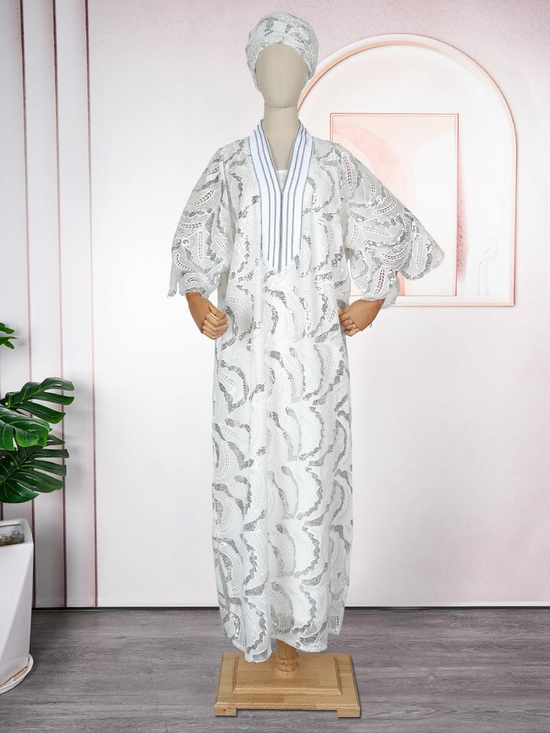 HD Women's African Style Sequin Bubu Dress White Lace Kaftan Gown One Size - Image 2
