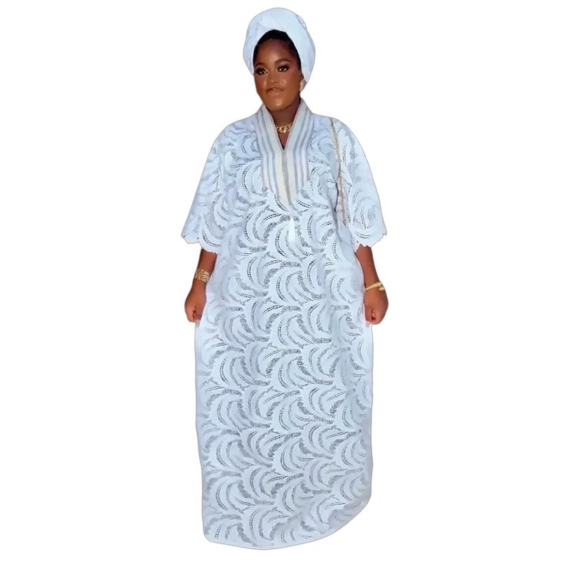 HD Women's African Style Sequin Bubu Dress White Lace Kaftan Gown One Size - Image 1