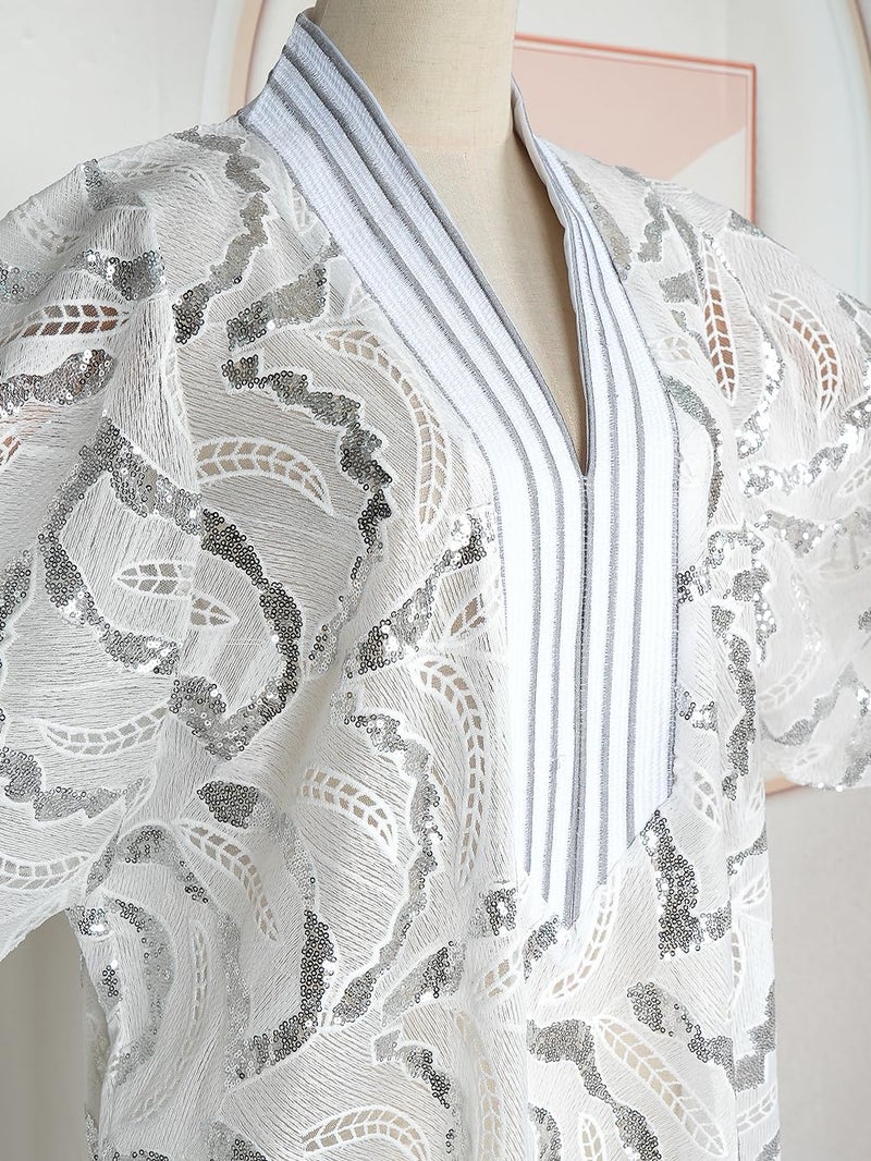 HD Women's African Style Sequin Bubu Dress White Lace Kaftan Gown One Size - Image 3